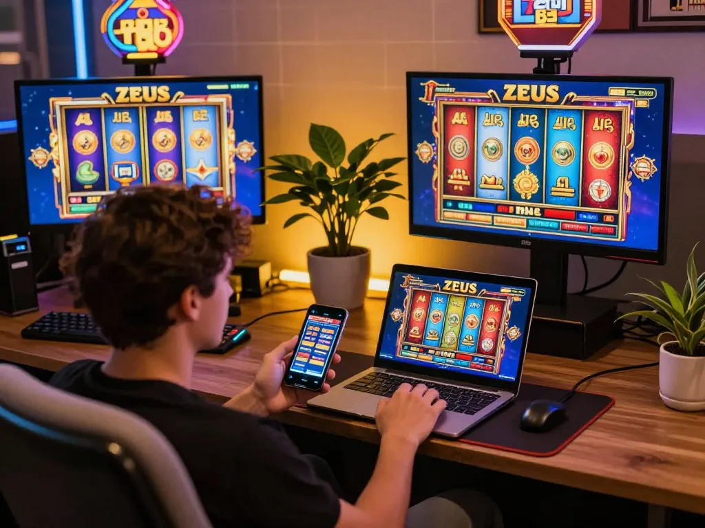 Gamer enjoying slot zeus on multiple screens in a cozy home setup, blending gaming and comfort.