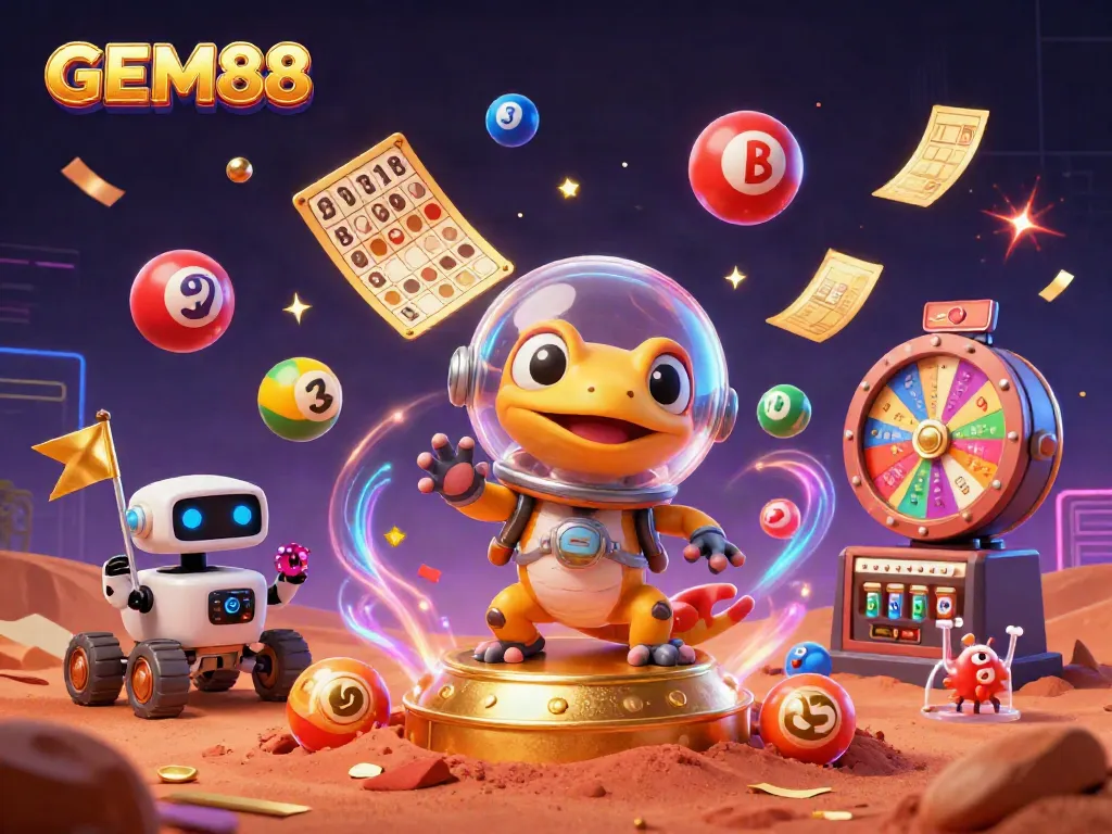 Experience gaming excitement with GEM88 featuring a Martian gecko discovering a golden casino on Mars.