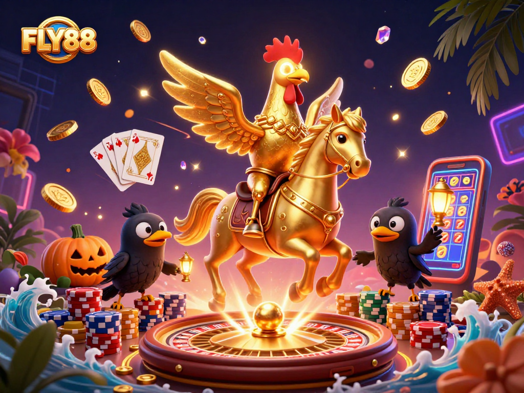 Experience the thrill of FLY88 in this vibrant casino illustration featuring dynamic gaming action.