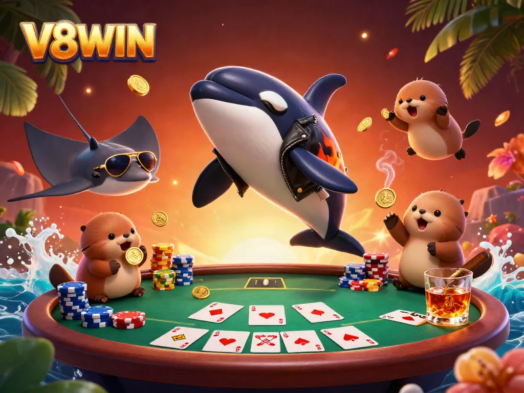 Experience thrilling gameplay with V8WIN, featuring a dynamic 3D scene of gambling fun.