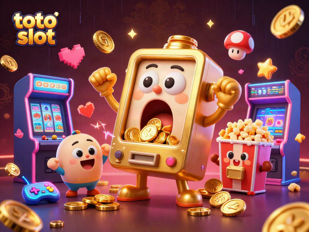 Mesin slot toto slot dikejutkan jackpot, koin berhamburan dari mulutnya dikelilingi mesin slot kecil dan popcorn.