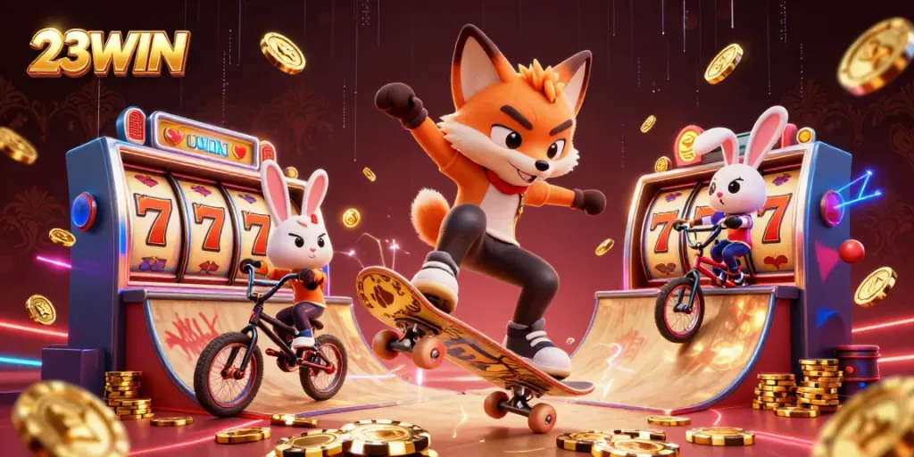 23WIN showcases captivating gaming action with a skateboarder fox and BMX rabbit in a vibrant casino scene.
