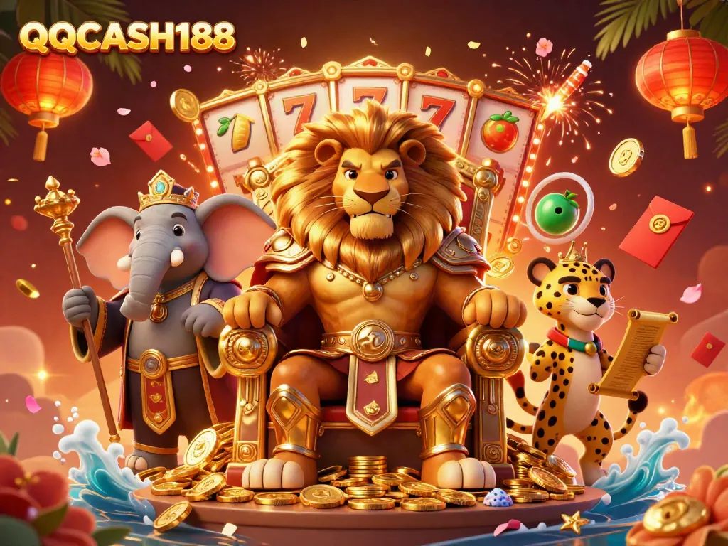 Celebrate with QQCASH188 in a vibrant 3D casino scene filled with rich rewards and excitement.