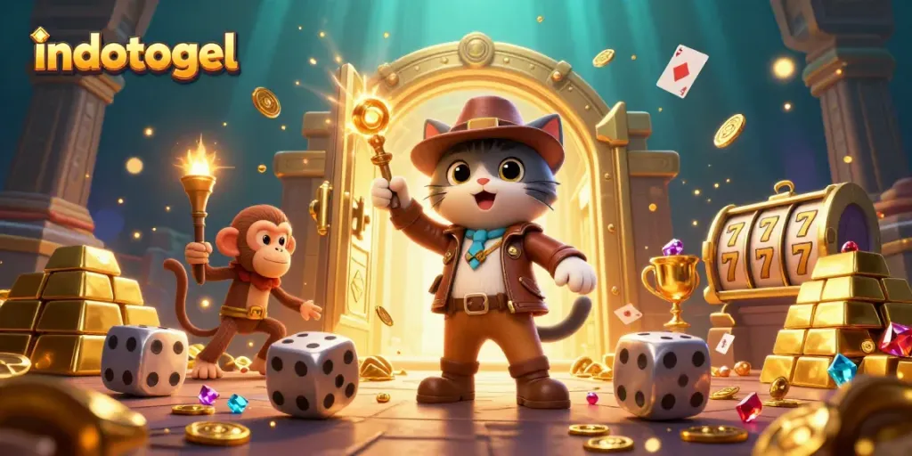 Engage with indotogel as an explorer cat uncovers treasures in a vibrant casino-themed scene.