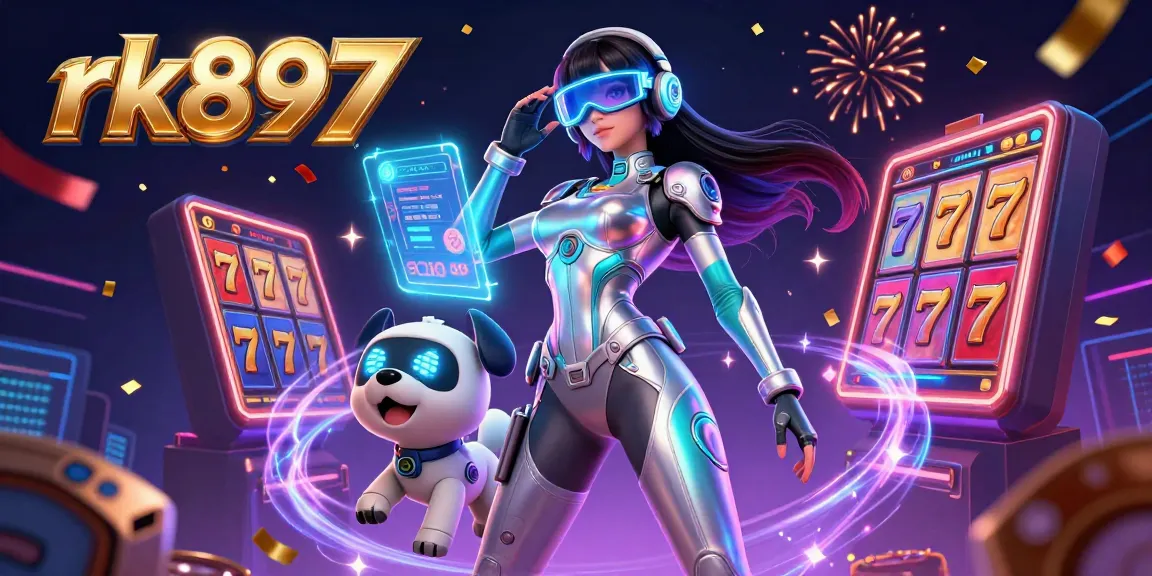 Experience the thrill of rk897 with an electrifying 3D casino scene alive with slot games and holographic interfaces.
