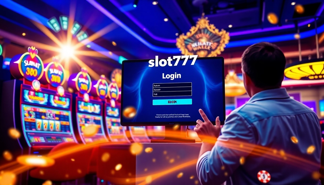 Experience the excitement of slot777 login with vibrant casino visuals and engaging slot machine action.
