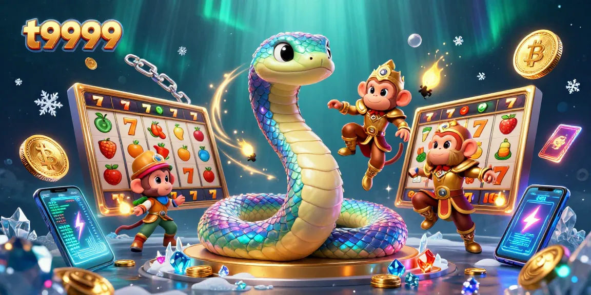 Experience the excitement of t9999 with vibrant slot reels and playful characters in a dynamic casino scene.