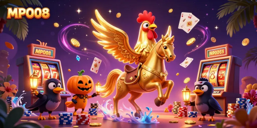 Spin the reels with MPO08's vibrant casino scene showcasing a golden rooster and cascading coins.