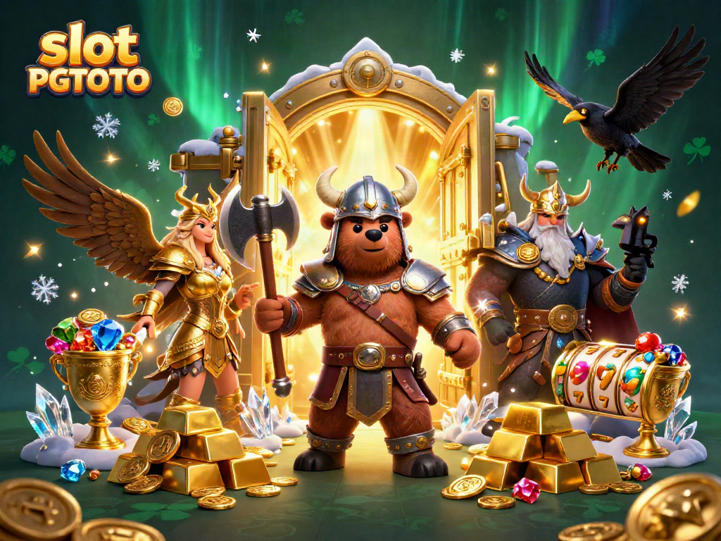 Engage with slot PGTOTO through an epic 3D illustration featuring a Viking bear and Valkyrie eagle amid treasure.