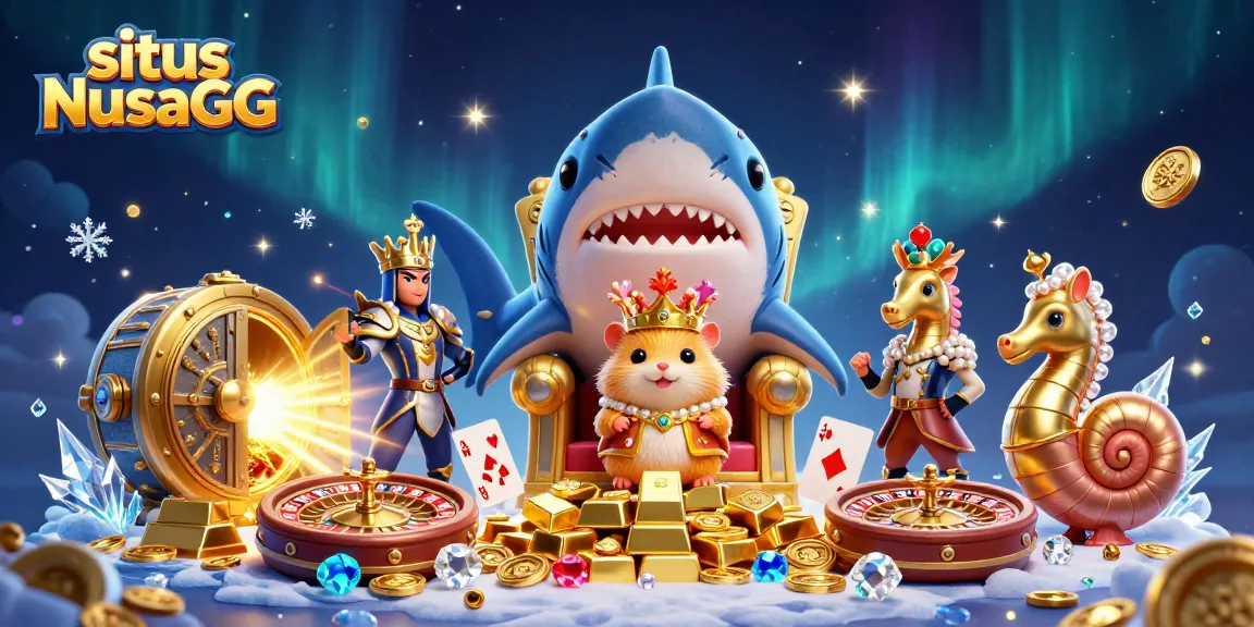 Spin and win big with situs NusaGG, featuring a fierce hamster king amidst dazzling treasures.