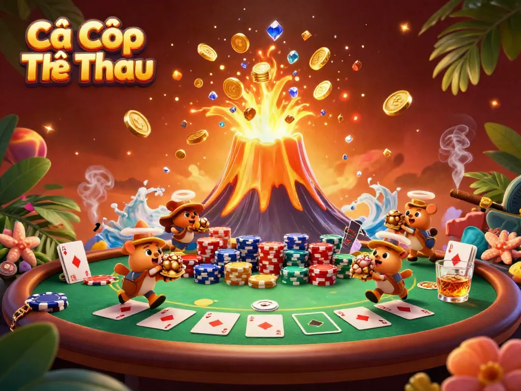 Cá Cược Thể Thao illustration with a golden volcano erupting coins and tiny animals collecting treasure at a poker table.
