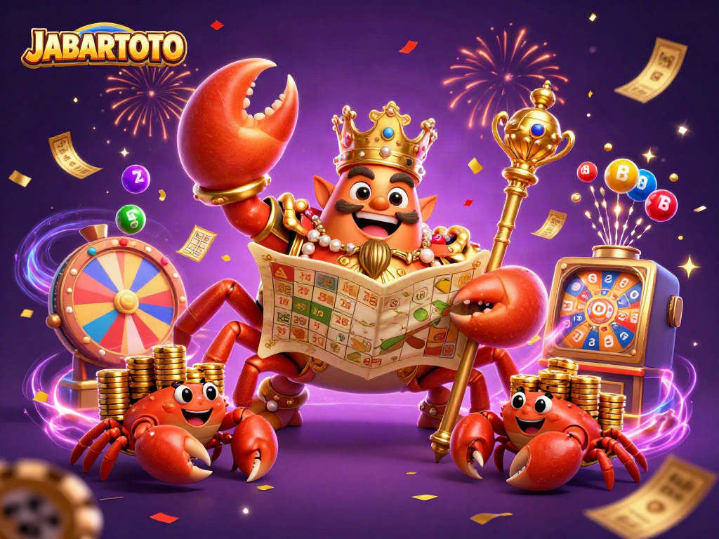 JABARTOTO mengungkap jackpot dengan kepiting emas raksasa dan kertas undian lotre meriah.