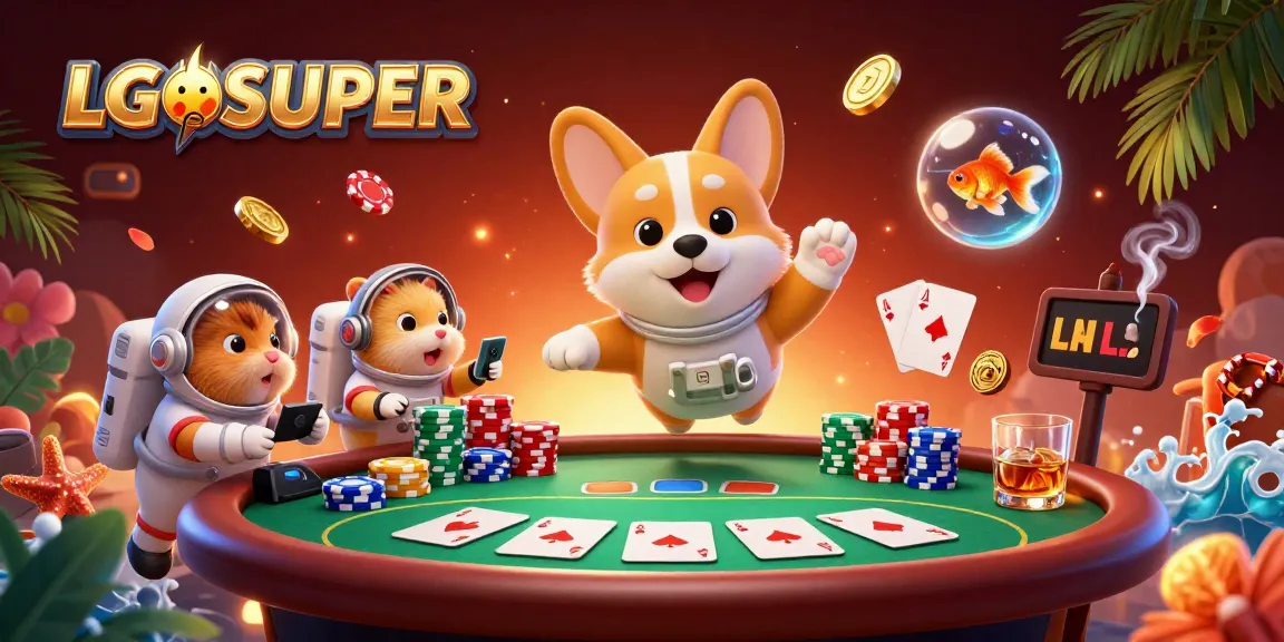 Engage with LGOSUPER in an immersive casino experience featuring a cartoon astronaut corgi and vibrant games.