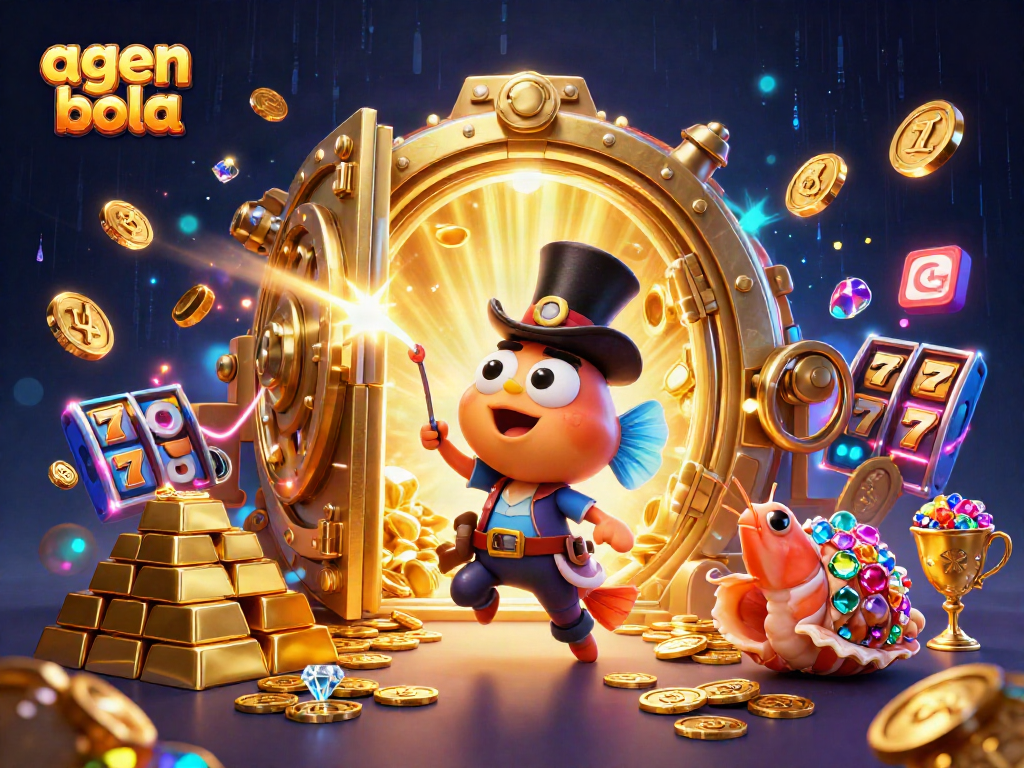 Menang taruhan agen bola dengan ilustrasi 3D menangkap koin berkilau dan karakter menarik.