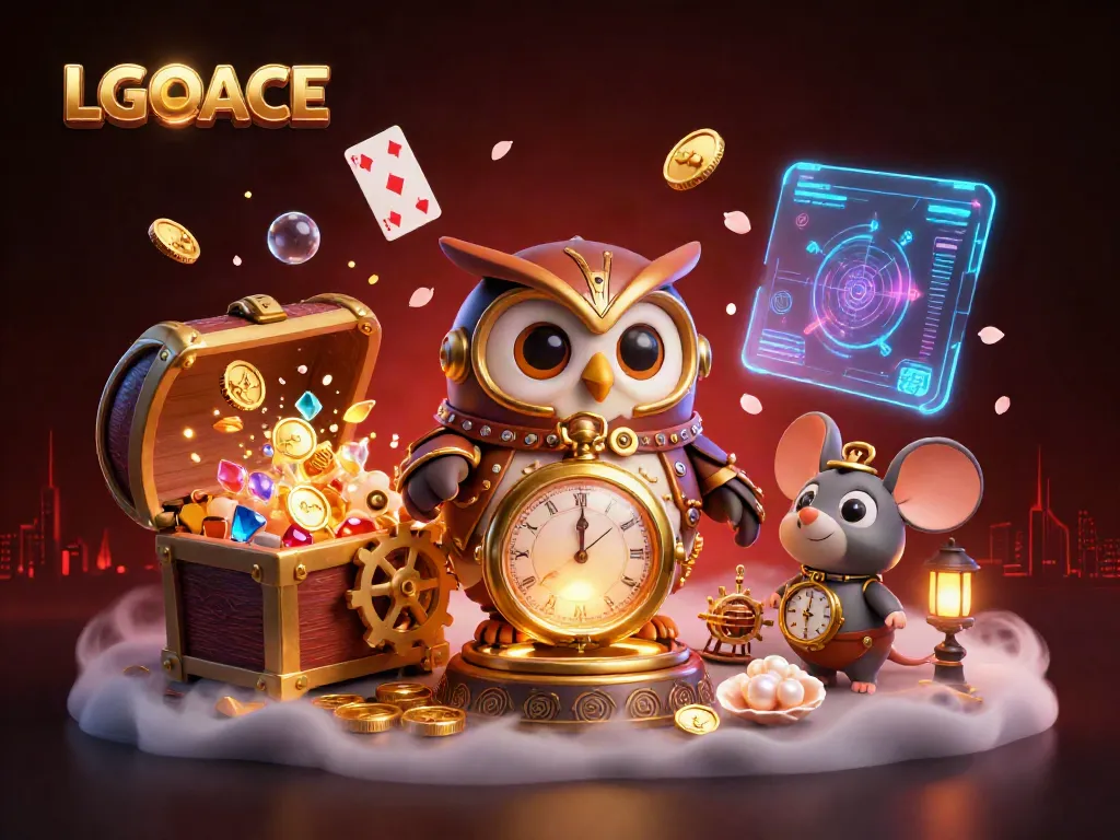 Engage with LGOACE's captivating casino adventure featuring a time-traveler owl in a steampunk-inspired scene.