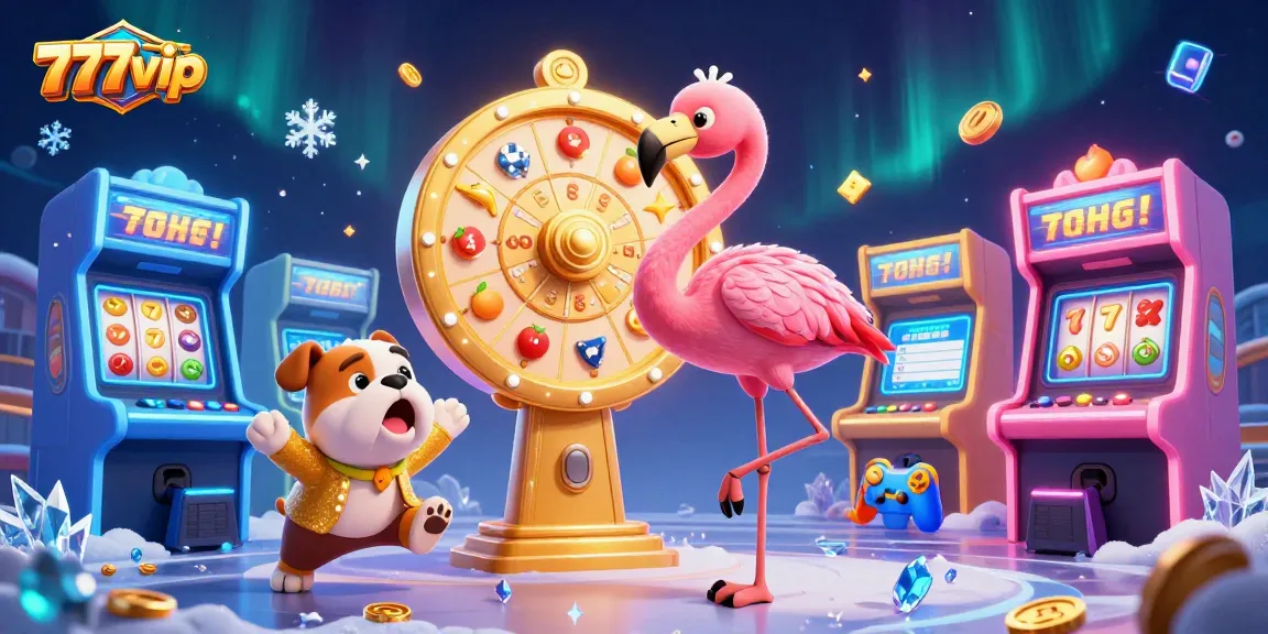 Engage with 777vip prizes as an excited bulldog celebrates wins in a vibrant gaming scene.