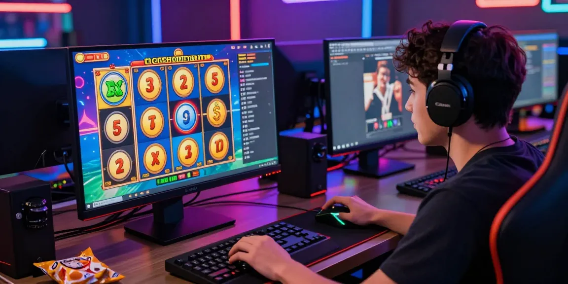 Engaged player spinning virtual slot wheels in a vibrant online gaming setup, surrounded by colorful lights and gaming gear.