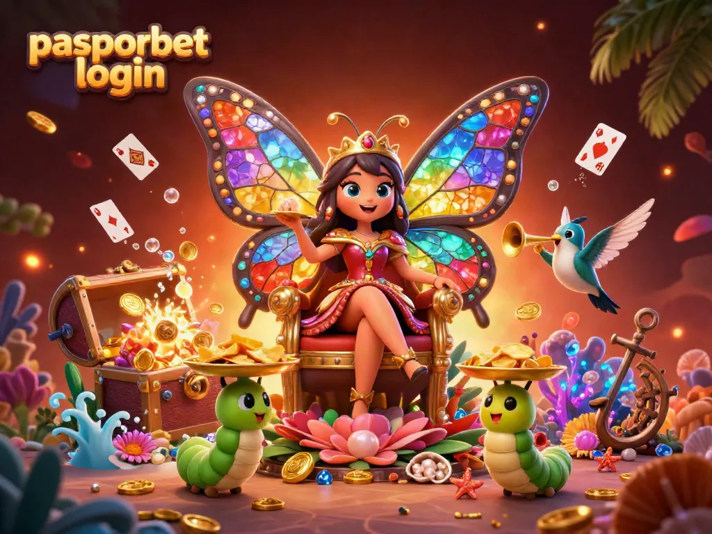 Permainan online PASPORBET login dengan ilustrasi putri kupu-kupu berwarna yang megah dan harta karun