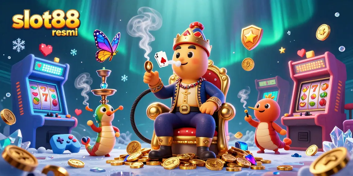 Gambarlah slot88 resmi dengan karakter kartun dan elemen kasino yang meriah.