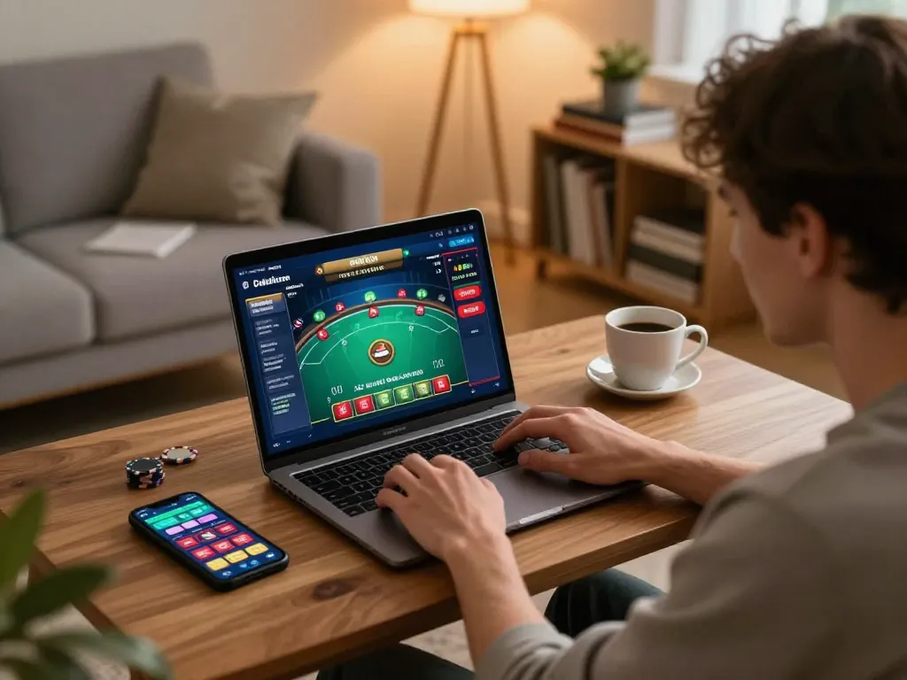 Sesi permainan online yang menarik dengan poker m88 Indonesia di laptop dalam suasana rumah yang nyaman.