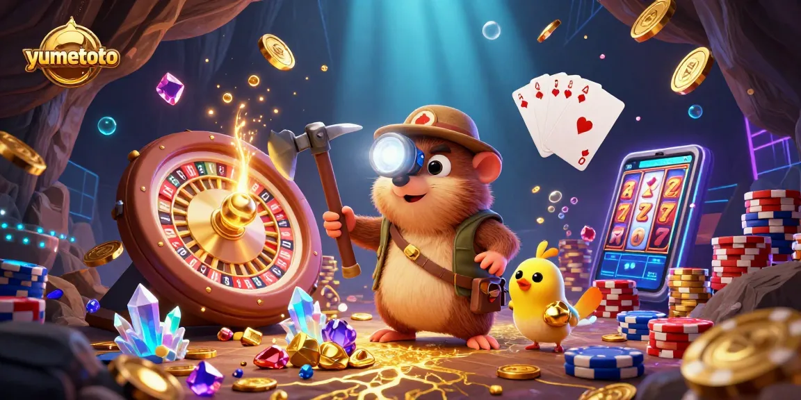 YUMETOTO lottery scene featuring a treasure hunter mole digging gems and coins amidst dynamic casino elements.