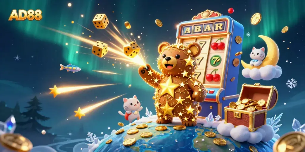 Engaging illustration showcasing AD88's thrilling gaming environment with vibrant characters and casino elements.