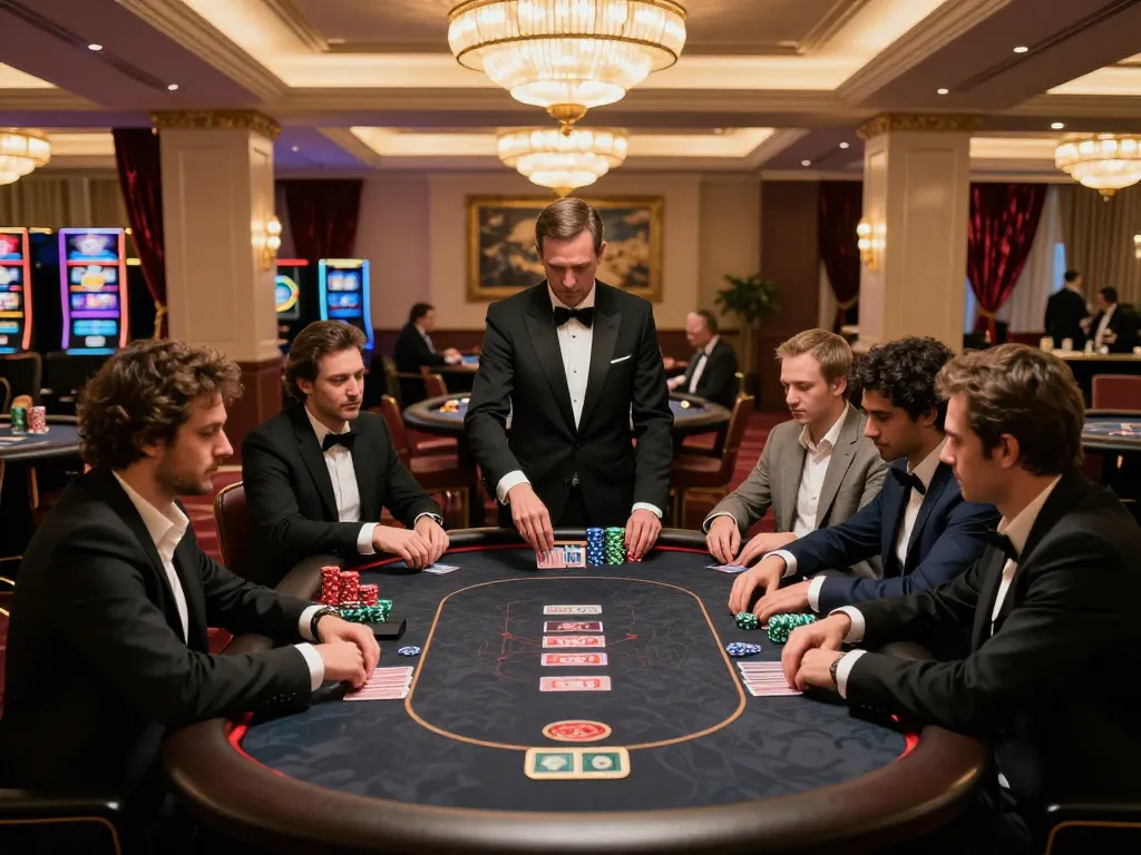 Players strategizing in a high-stakes poker game at 98win Casino, showcasing competitive spirit and luxury.