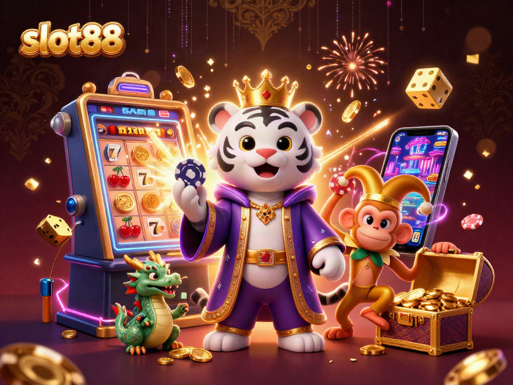 Menangkan jackpot di slot88 dengan harimau kartun megah dan simbol permainan yang berkilau.