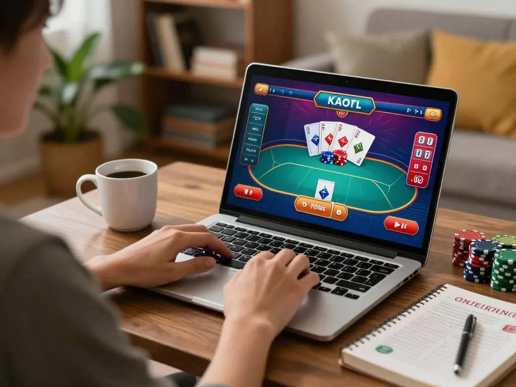 Engaging online poker action at home, player focusing on net88 gaming strategy with cozy atmosphere and warm lighting