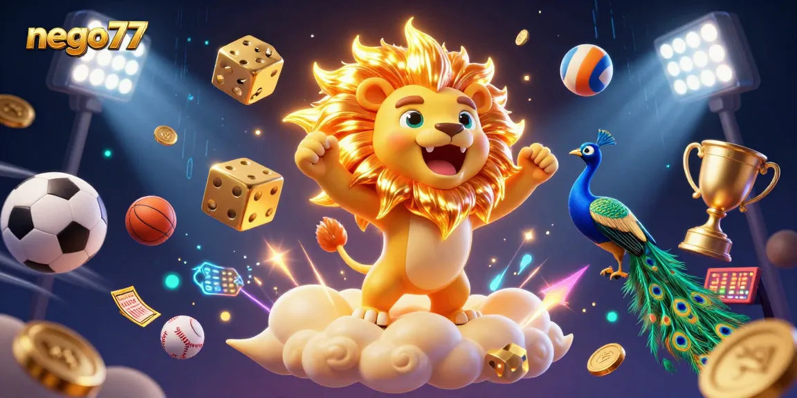 Engage in thrilling gaming with nego77 at the heart of a 3D casino illustration full of dynamic elements.