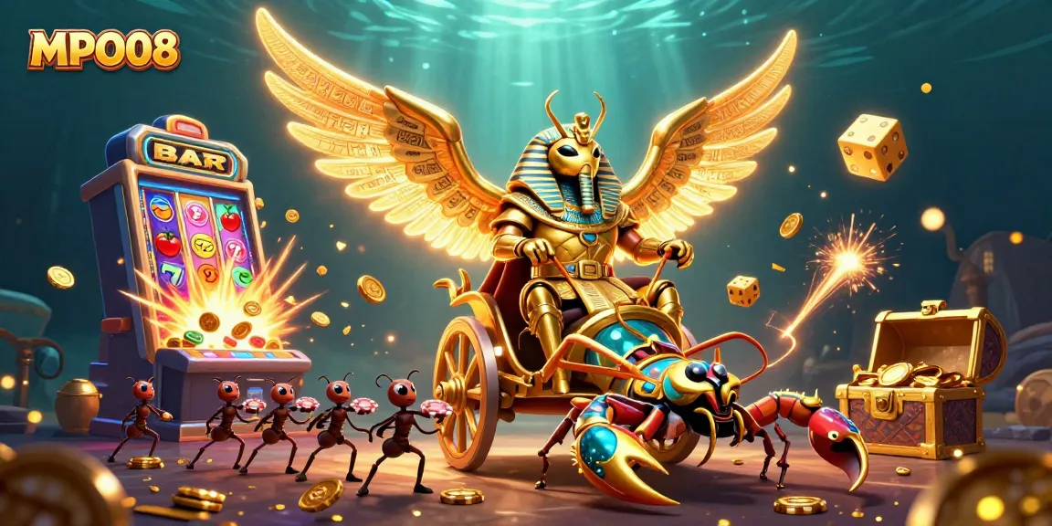 MPO08 showcases a vibrant gambling scene with a golden scarab chariot and jackpot excitement.