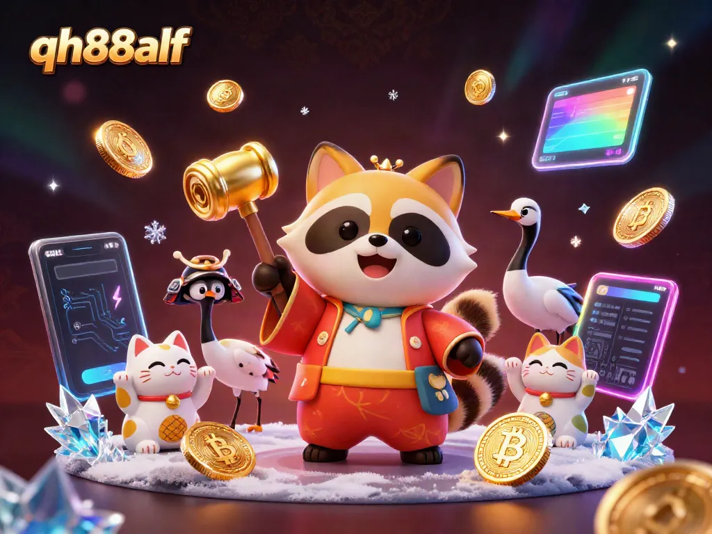 Engage with the vibrant energy of the qh88alf casino scene filled with characters, crypto elements, and festive atmosphere.