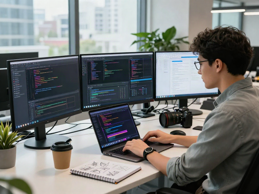Developer bekerja di SGA33 dengan laptop dan desain aplikasi, suasana modern.