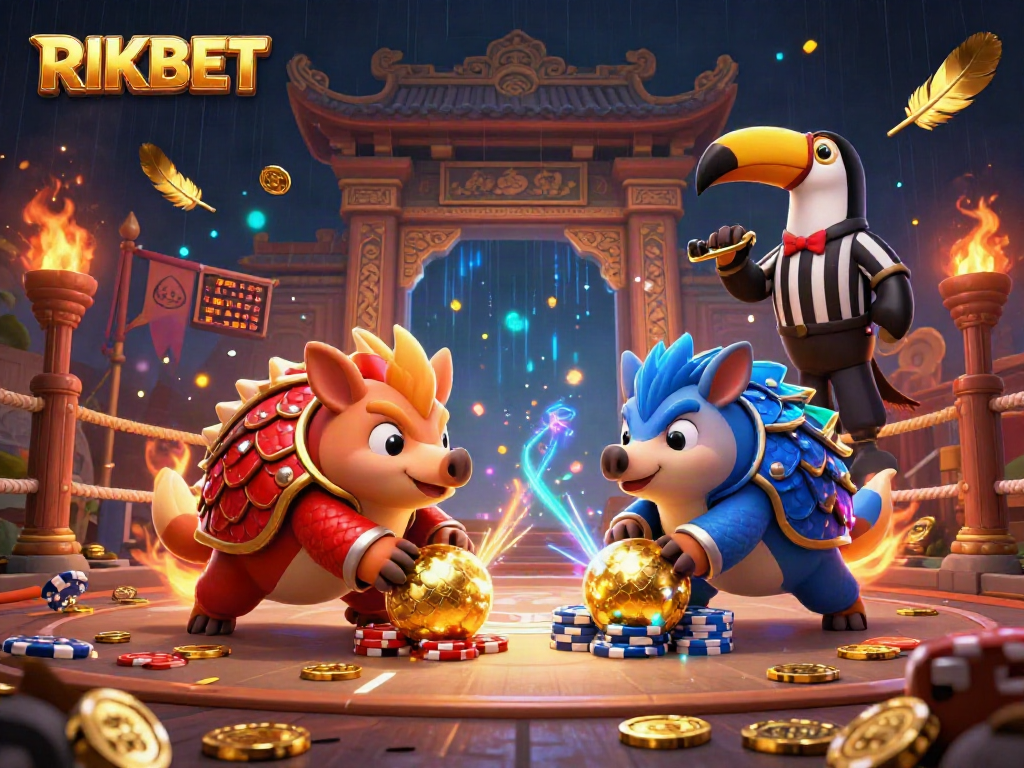 RIKBET pangolins rolling through stacks of poker chips in a vibrant casino battle scene.