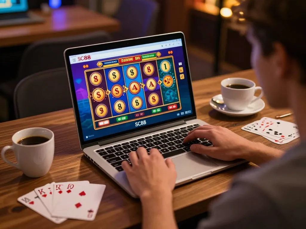 Player enjoying SC88 online casino game on laptop at home, showcasing immersive gaming experience.