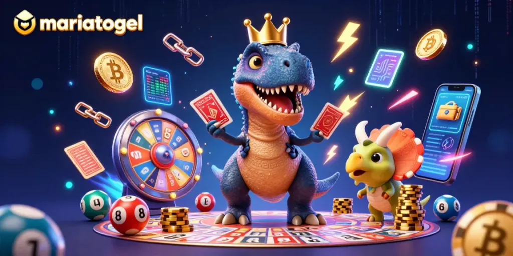 Engaging lottery action at mariatogel featuring a dinosaur mascot and dynamic game elements.