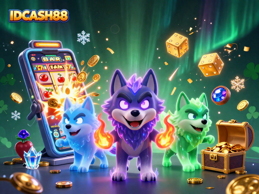 Experience thrilling gameplay with IDCASH88, showcasing a dynamic 3D illustration of slot games bursting with excitement.