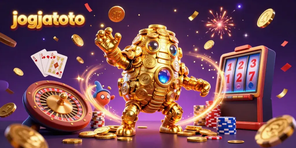 Experience the excitement of jogjatoto with vibrant slot symbols and spinning roulette wheels in a magical scene.