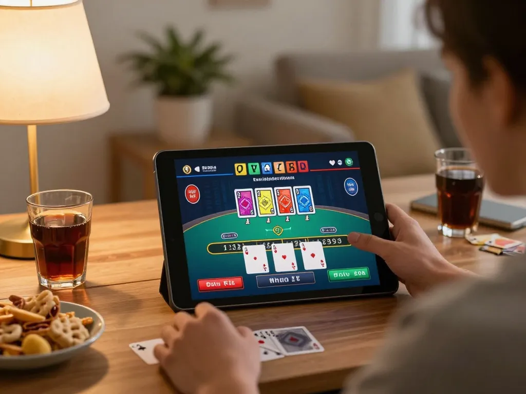 Player engaged in live dealer game on tablet, enjoying mb66an online casino experience from home.