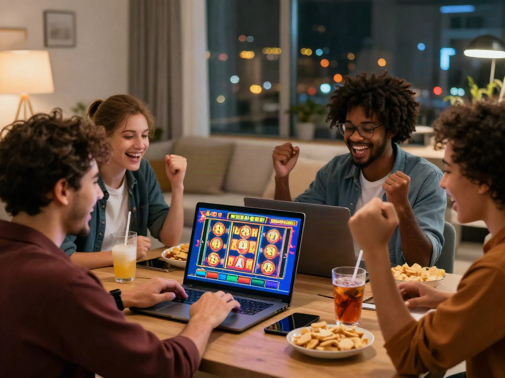 Ruang bermain agen slot online dengan teman merayakan kemenangan di laptop di malam hari.