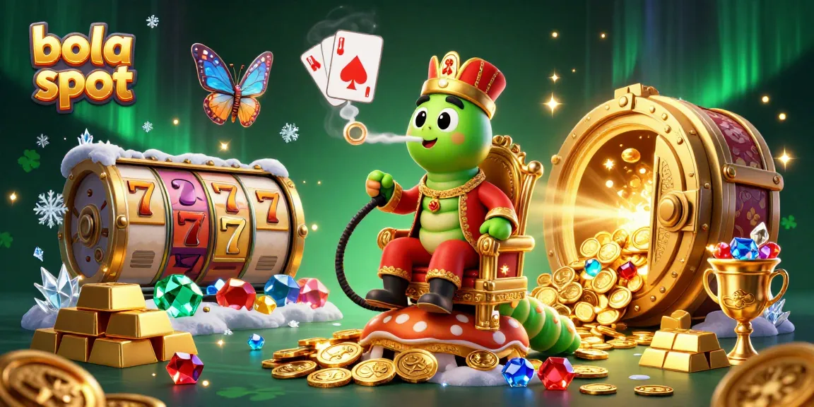 Bola Slot illustration featuring a vibrant caterpillar character blowing poker smoke rings, surrounded by riches and slot themes.