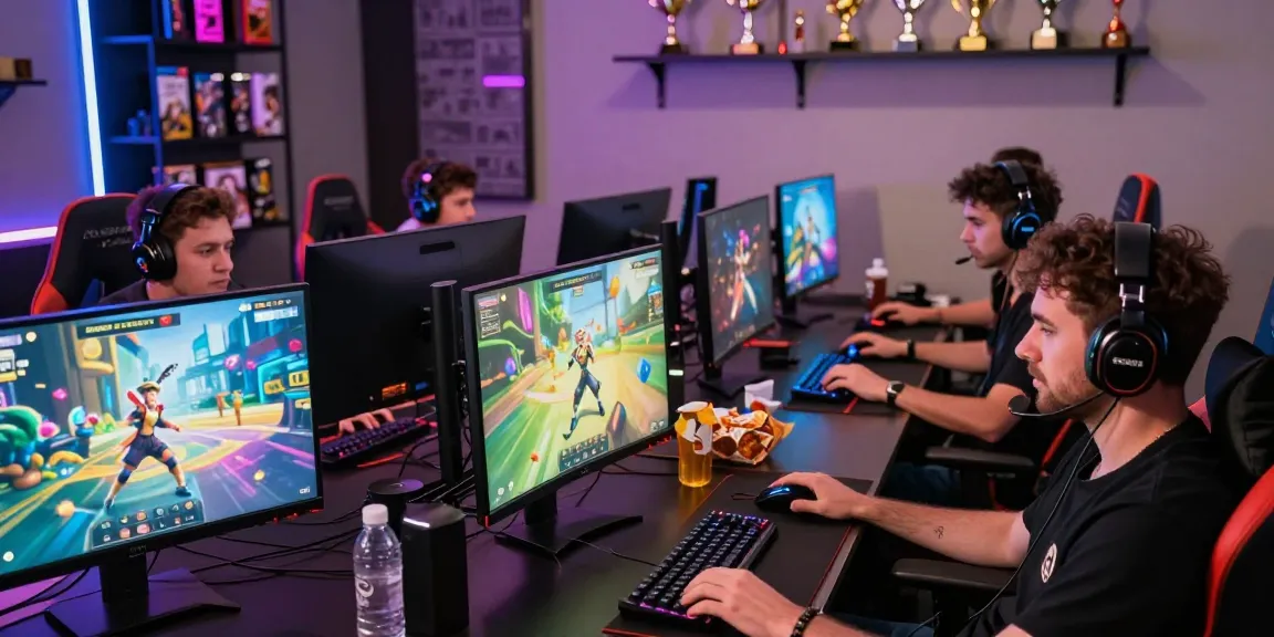 Pengalaman bermain game GGSOFT di lounge gaming modern, dengan gamer beragam dan suasana semarak.