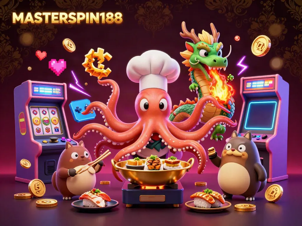 Engage with MASTERSPIN188's 3D world, showcasing colorful characters and dynamic casino elements.