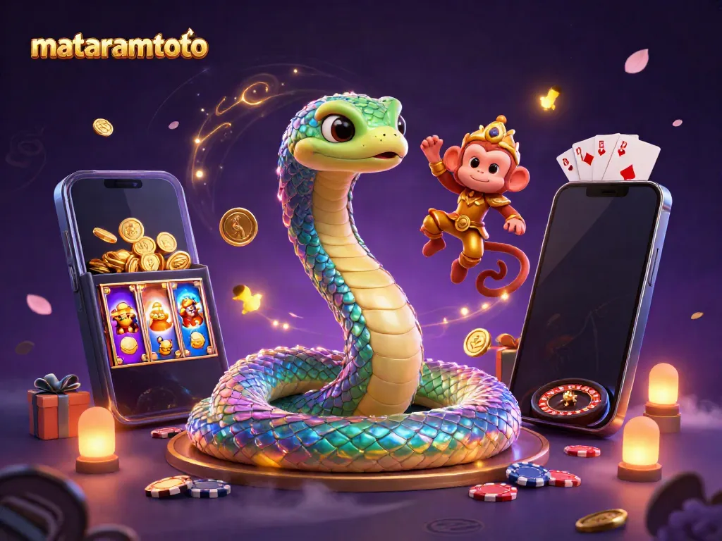 Mataramtoto slot game scene features a colorful 3D serpent and monkey, symbolizing high-stakes gaming fun.