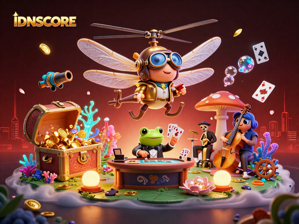 Experience the excitement of IDNSCORE slots with interactive 3D scenes featuring vibrant casino elements.