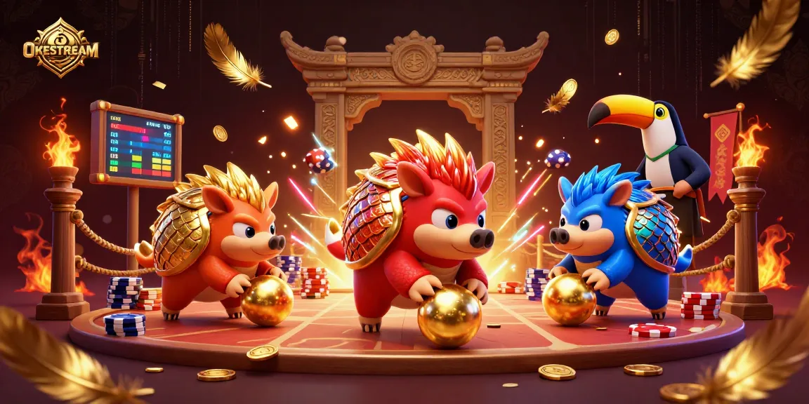 OKESTREAM memberikan pengalaman taruhan bola yang seru dengan pangolin yang bertanding dan chip poker mengelilingi mereka.
