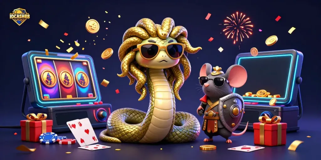 Experience the fun of IDCASH88 with a cute Medusa and warrior mouse in a vibrant casino scene.