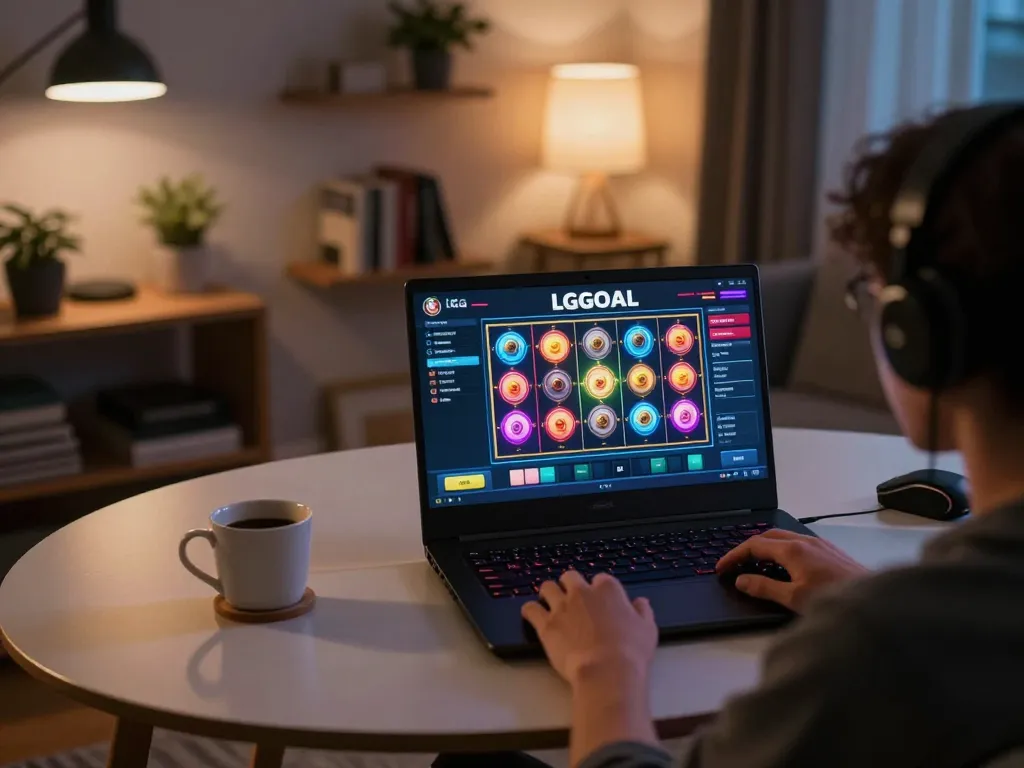 Engaging in online slot game activities with LGOGOAL interface displayed in a cozy setting.