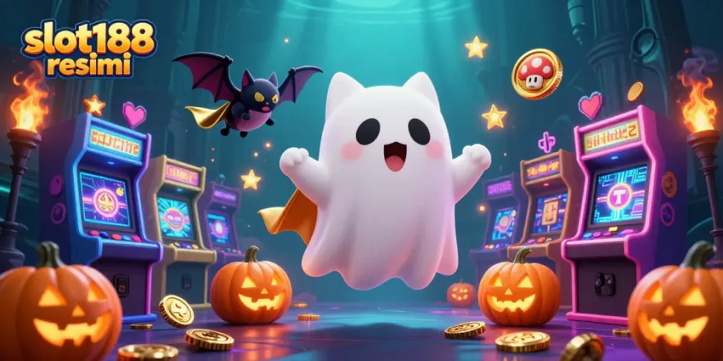 Keberuntungan dalam bermain slot188 resmi dengan kucing hantu dan simbol kasino menyala.