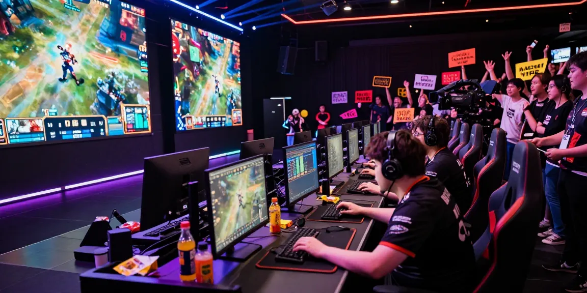Suasana pertandingan ligagalaxy di arena esports yang penuh semangat dengan para pemain kompetitif.